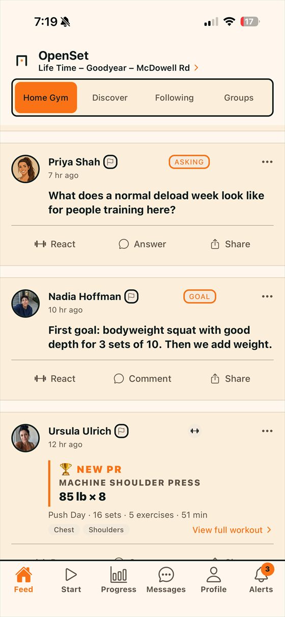 A gym's feed of workouts, questions and goals