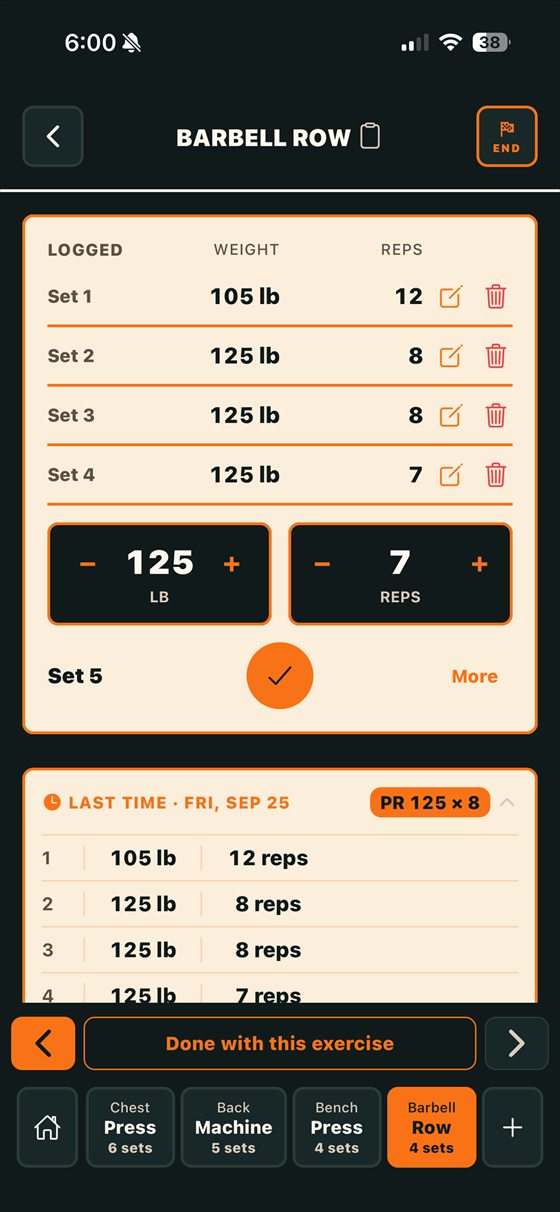 Logging a set of barbell rows, with last time's numbers underneath